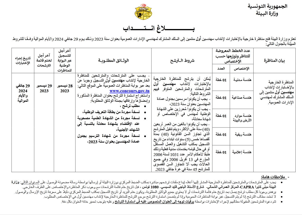 وزارة البيئة تنتدب مهندسين - عمادة المهندسين التونسيين